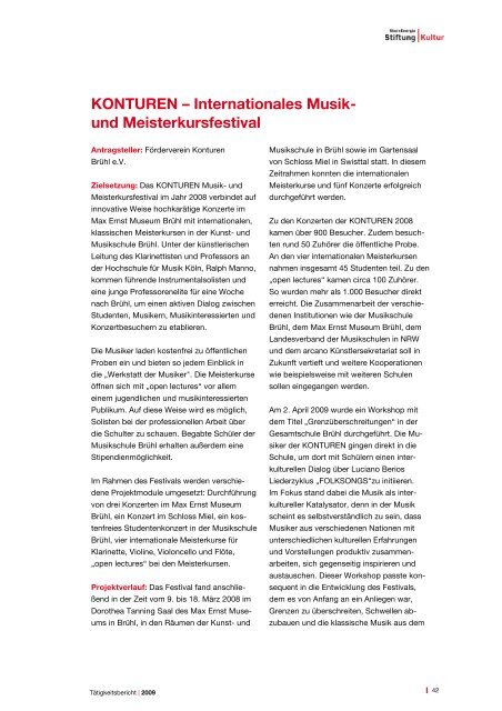 RheinEnergie Stiftung Kultur Tätigkeitsbericht 2009