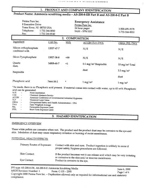 Product Name: Ammonia scrubbing media - AS ... - Perma Pure LLC