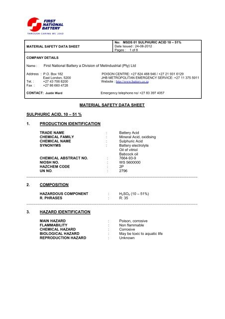 MSDS 01 Sulphuric Acid 10-51% 24.08.2012 - First National Battery