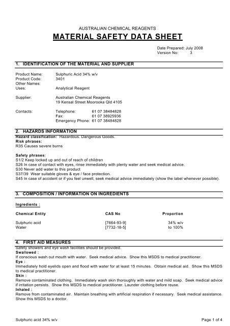 Material Safety Data Sheet Australian Chemical Reagents 