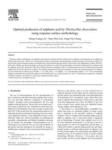 Optimal production of sulphuric acid by Thiobacillus thiooxidans ...