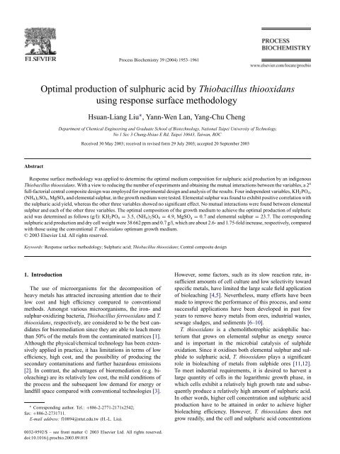 Optimal production of sulphuric acid by Thiobacillus thiooxidans ...