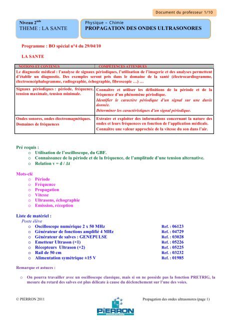 PROPAGATION DES ONDES ULTRASONORES THEME ... - Pierron