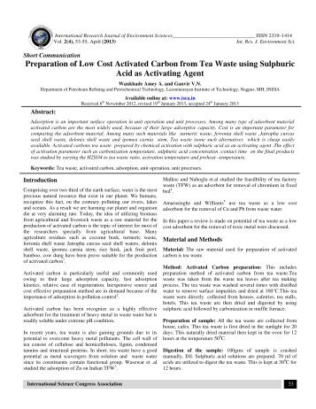 Preparation of Low Cost Activated Carbon from Tea Waste ... - ISCA