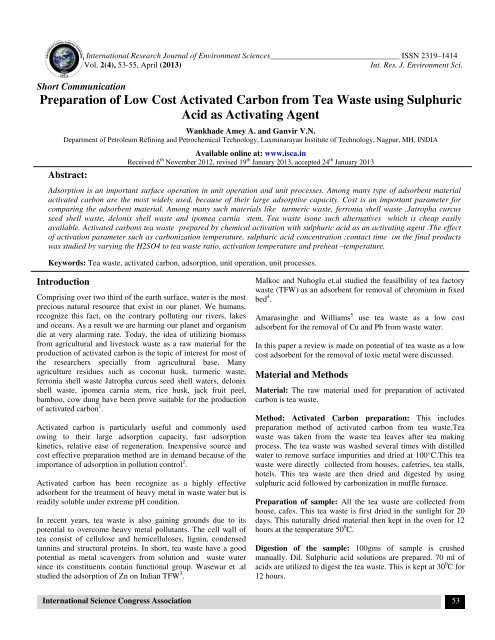 Preparation of Low Cost Activated Carbon from Tea Waste ... - ISCA