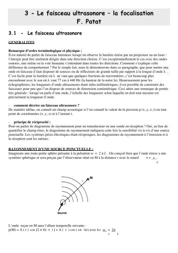 3 - Le faisceau ultrasonore – la focalisation F. Patat