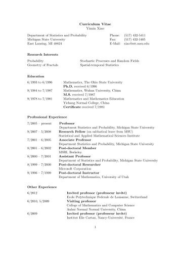 Curriculum Vitae Yimin Xiao - Department of Statistics and ...