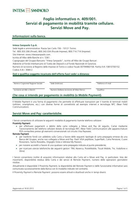 Foglio Informativo N 409001 Servizi Di Intesa Sanpaolo