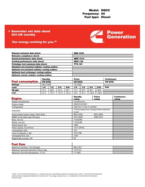 Engine Fuel flow Generator set data sheet 800 kW ... - Cummins Inc.