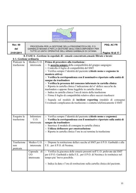 procedura gestione frigoemoteche