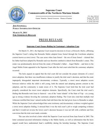 Estate of Remedio Malite - Press Release - CNMI Supreme Court