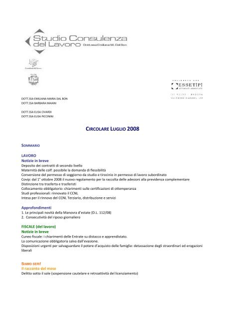 circolare luglio 2008 - Studio consulenza del lavoro Dal Bon - Modena