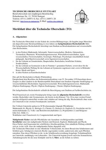 Merkblatt über die Technische Oberschule (TO)