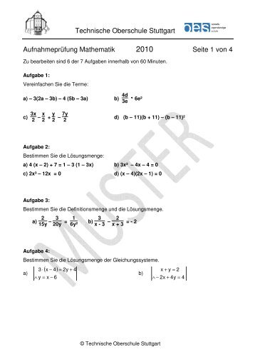Technische Oberschule Stuttgart Aufnahmeprüfung Mathematik ...