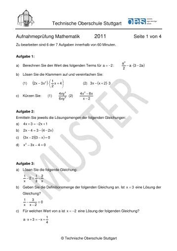 Technische Oberschule Stuttgart Aufnahmeprüfung Mathematik ...