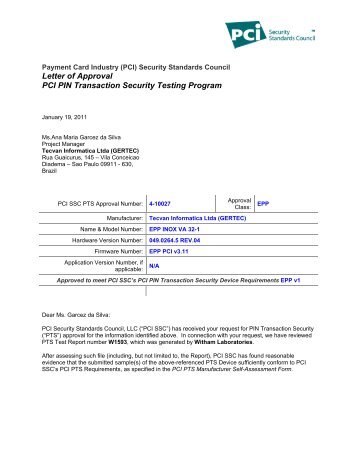 Letter of Approval PCI PIN Transaction Security Testing ... - Itautec