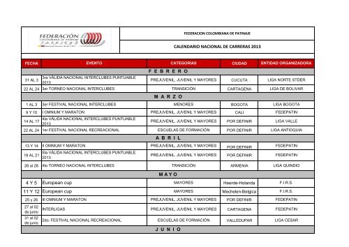 (CALENDARIO CARRERAS 2013(3).pdf - Liga de Patinaje de Bolívar