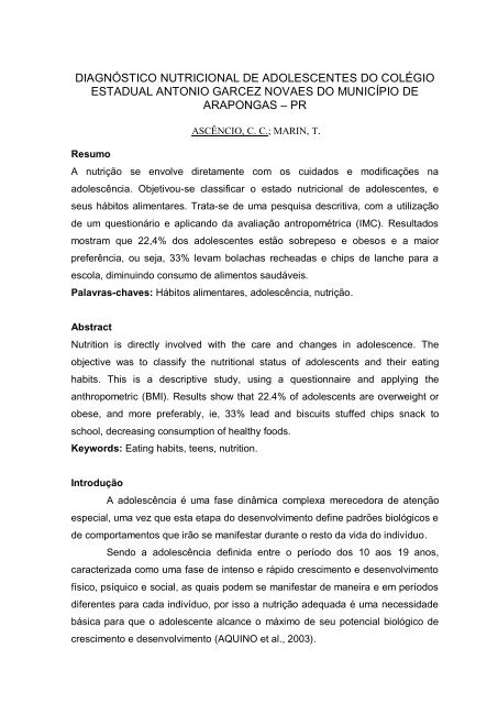 DIAGNÓSTICO NUTRICIONAL DE ADOLESCENTES DO COLÉGIO ESTADUAL ...