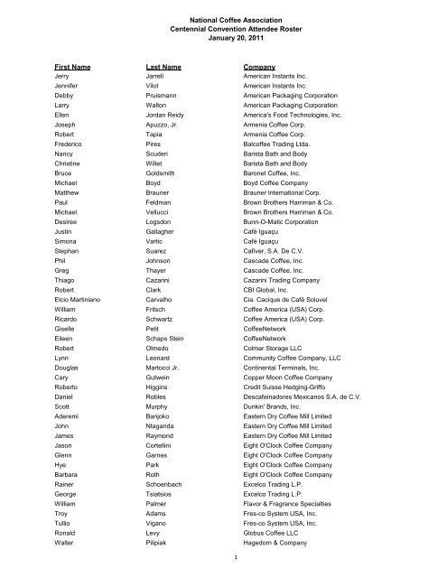 National Coffee Association Centennial Convention Attendee Roster ...