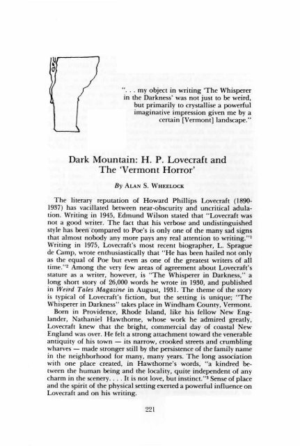 Dark Mountain: H. P. Lovecraft and the - Vermont Historical Society