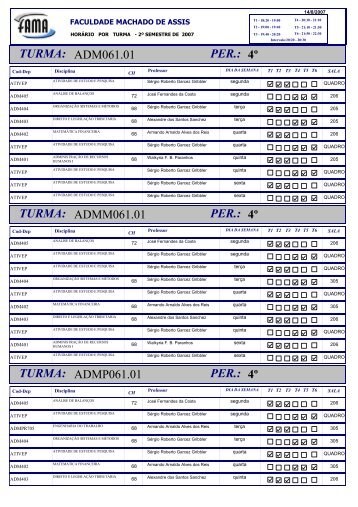 horário por turma 1°sem2004 - Faculdade Machado de Assis
