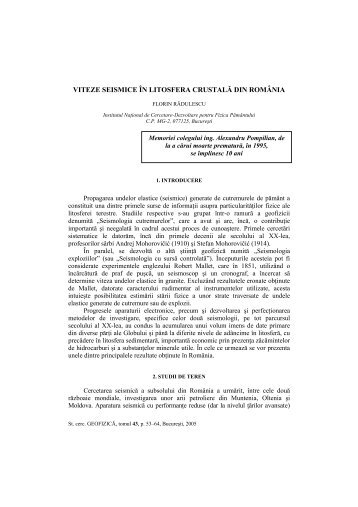 VITEZE SEISMICE ÎN LITOSFERA CRUSTALĂ DIN ROMÂNIA