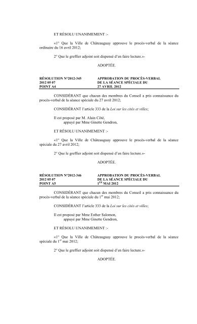 SÉANCE ORDINAIRE DU CONSEIL MUNICIPAL TENUE LE LUNDI ...