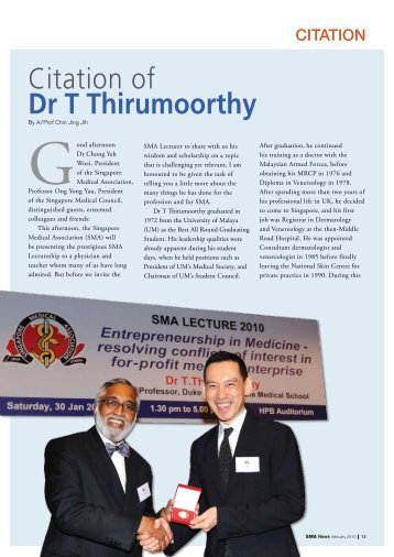 Citation of Dr T Thirumoorthy - SMA News - Singapore Medical ...