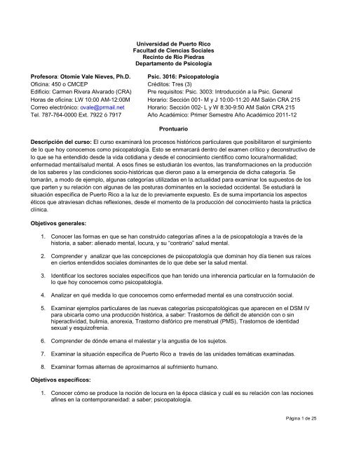 Psic. 3016: Psicopatología - cmcep - Universidad de Puerto Rico ...