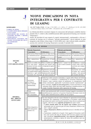 nuove indicazioni in nota integrativa per i contratti di leasing - Ratio