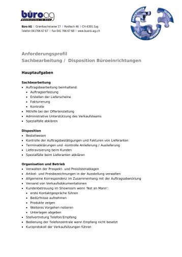 Anforderungsprofil Sachbearbeitung / Disposition Büroeinrichtungen