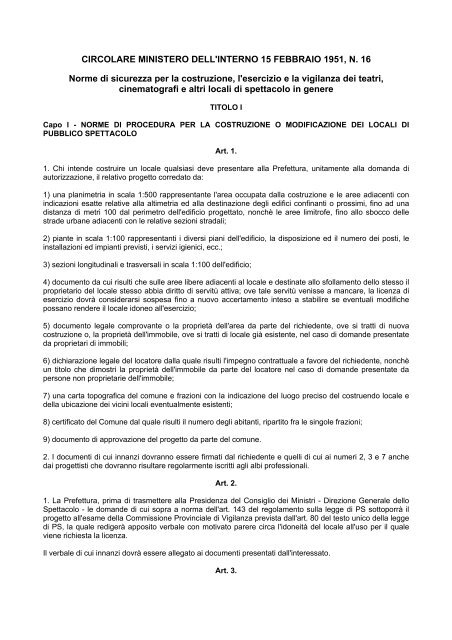 Circolare Ministero dell'Interno 15 febbraio 1951, n. 16 - Lombardia ...