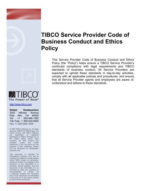 TIBCO Service Provider Code of Business Conduct and Ethics Policy