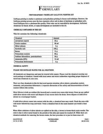 Formulary Kallitype Kit MSDS - Freestyle Photographic Supplies