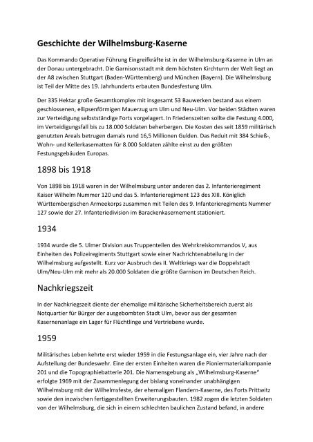 Geschichte der Wilhelmsburg-Kaserne 1898 bis 1918 1934 ...