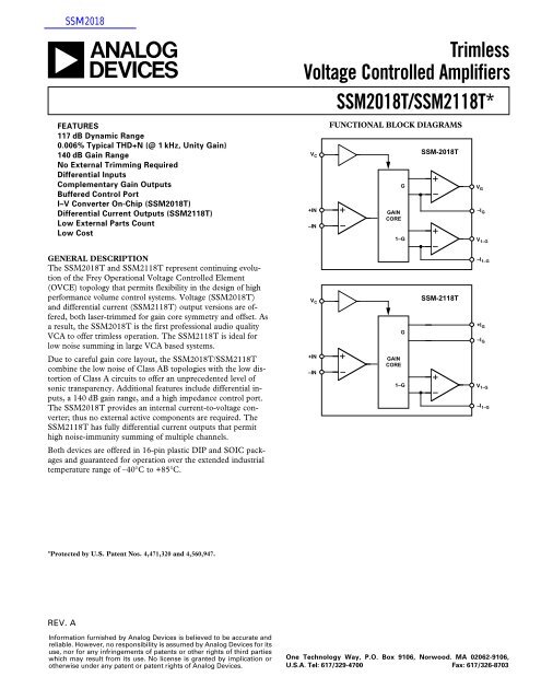 Trimless Voltage Controlled Amplifiers SSM2018T/SSM2118T*