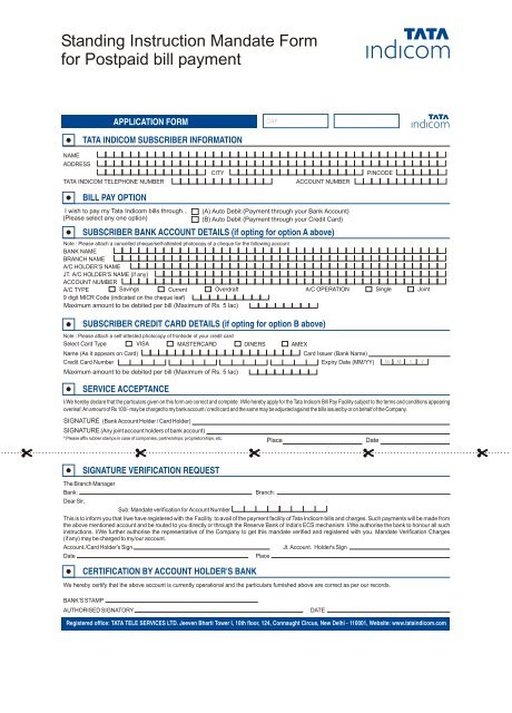 Standing Instruction Mandate Form For Postpaid Bill Payment