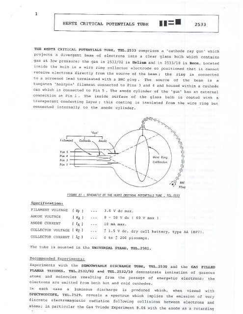 HERTZ CRITICAL POTENTIALS TUBE I I --I I ' 2533