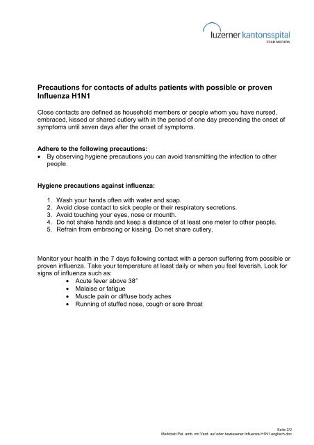 Leaflet for adult outpatients with possible or proven Influenza H1N1 ...
