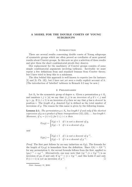 A Model For The Double Cosets Of Young Subgroups 1
