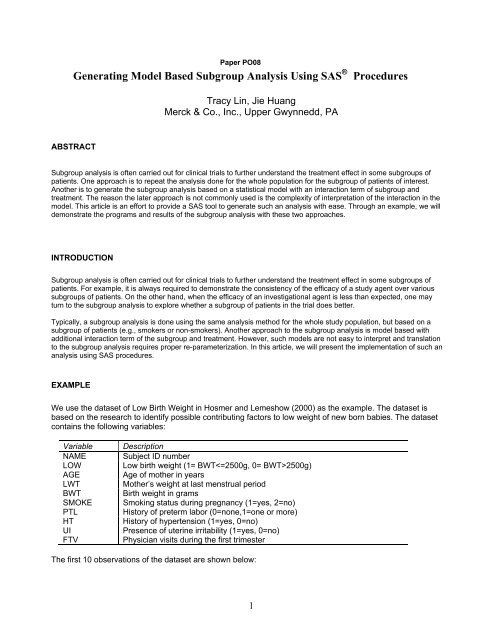 Generating Model Based Subgroup Analysis Using ... - PharmaSUG