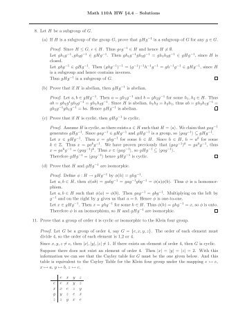 Math 110A HW §4.4 – Solutions 8. Let H be a subgroup of G. (a) If H ...