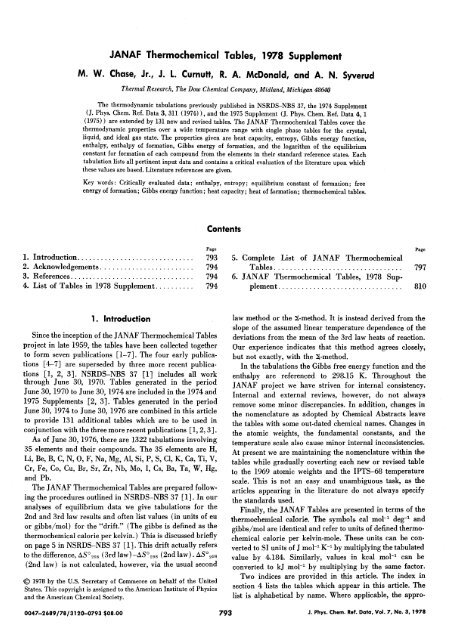 JANAF Thermochemical Tables, 1978 Supplement