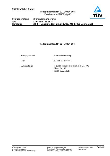 TÜV Kraftfahrt GmbH Teilegutachten Nr. 92TG0024-001 ... - Webkat