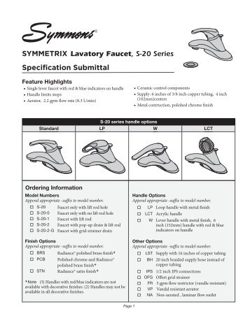 Specification Submittal SYMMETRIX Lavatory Faucet, S-20 Series