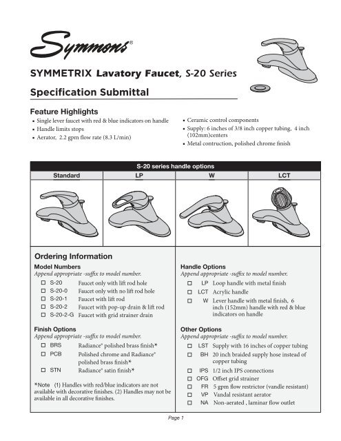 Specification Submittal Symmetrix Lavatory Faucet S 20 Series