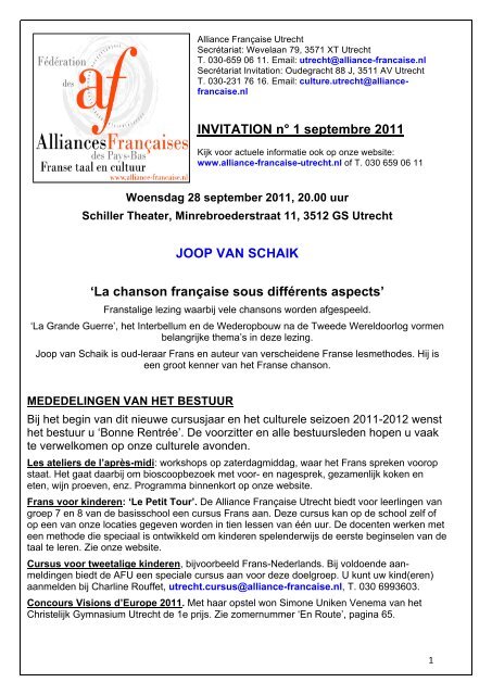 INVITATION n° 1 septembre 2011 JOOP VAN SCHAIK - Alliance ...