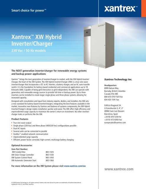 Xantrex™ XW Hybrid Inverter/Charger 230 Vac / 50 Hz models www ...