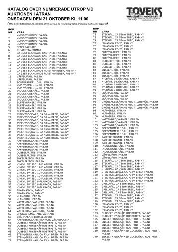 katalog över numrerade utrop vid auktionen i ... - Toveks Auktioner