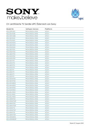 CI+ zertifizierte TV Geräte UPC Österreich von Sony: